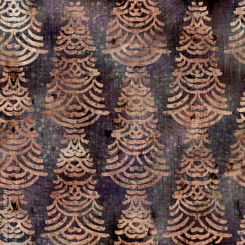 Seamless posh luxurious intricate distressed worn pattern design. Tattered sepia toned mottled swatch. Purple and tan toned seamless pattern tile.