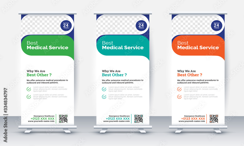 health care and medical roll up design, standee and banner template decoration for exhibition, printing, presentation and brochure flyer concept vector illustration