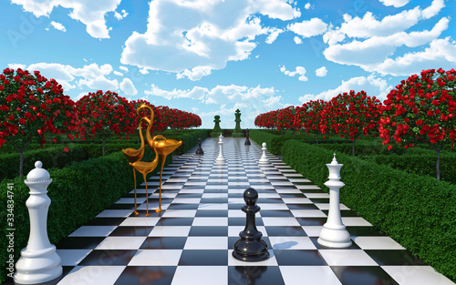 Maze garden 3d render illustration. Chess, golden flamingo, trees with red flowers and clouds in the sky. Alice in wonderland theme. photo