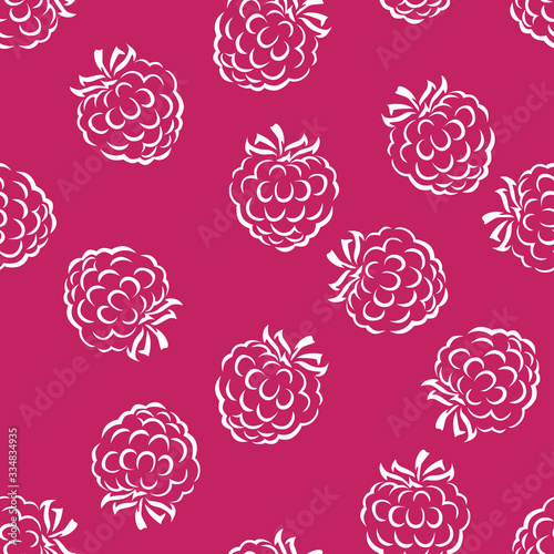Raspberry outline seamless pattern on magenta background. Simple vector monochrome illustration of berries. 