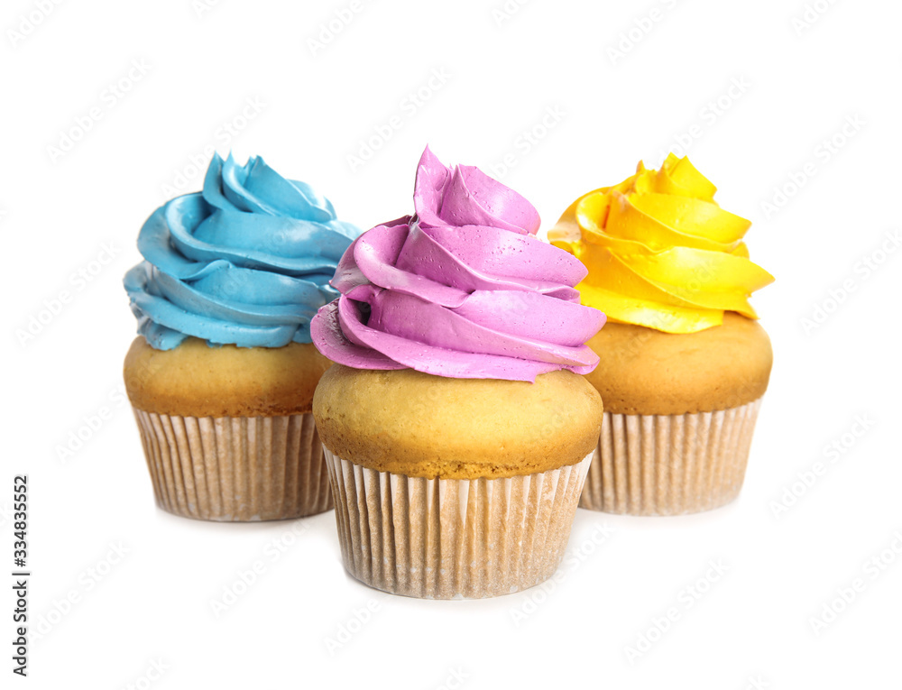 Delicious cupcakes isolated on white. Birthday treats Delicious cupcakes isolated on white. Birthday treats