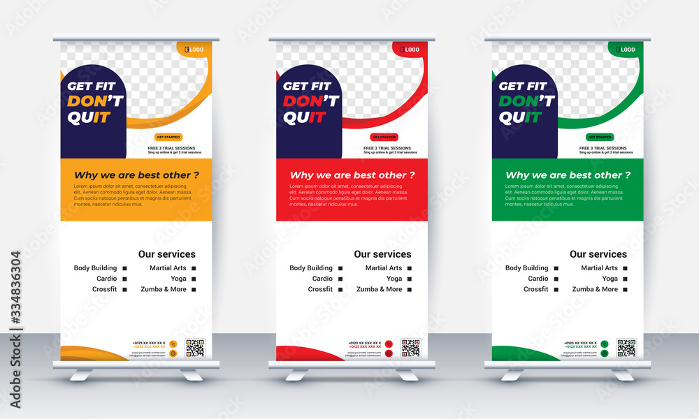 fitness/gym roll up banner design, standee and banner template decoration for exhibition, printing, presentation and brochure flyer concept vector illustration