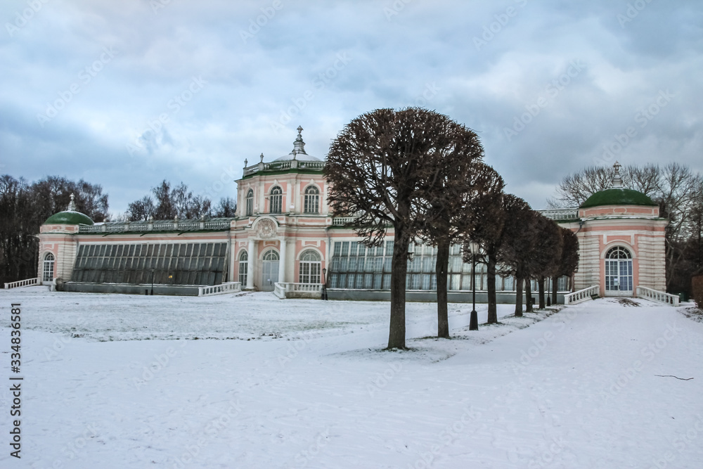 back side view of the palace of Homestead in Kuskovo in winter, Moscow, Russia, blur and grain effect. back side view of the palace of Homestead in Kuskovo in winter, Moscow, Russia, blur and grain effect.