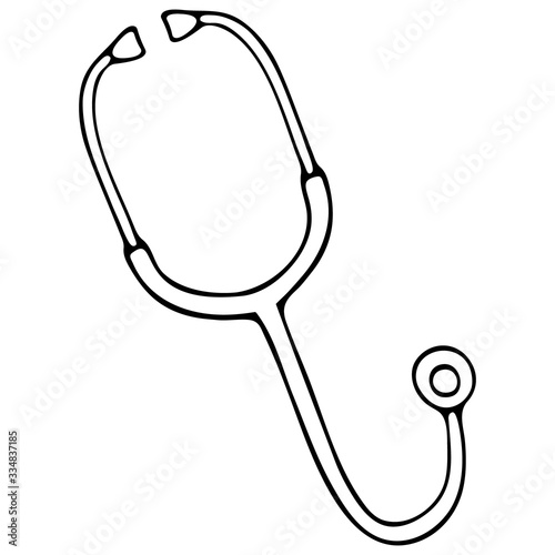 A stethoscope is a medical diagnostic device. Mechanism for listening to sounds from the chest. Vector illustration. Examination of the patient. Outline on an isolated background. Doodle style. The su