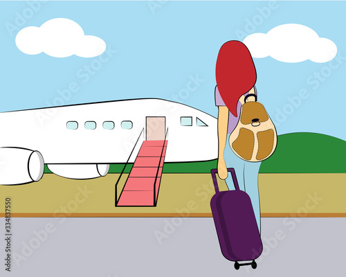 girl with luggage near the plane