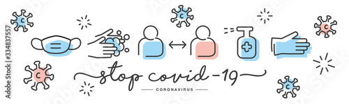 Stop Covid 19 Coronavirus prevention icons handwritten typography lettering text line design colorful virus draw white isolated background banner photo