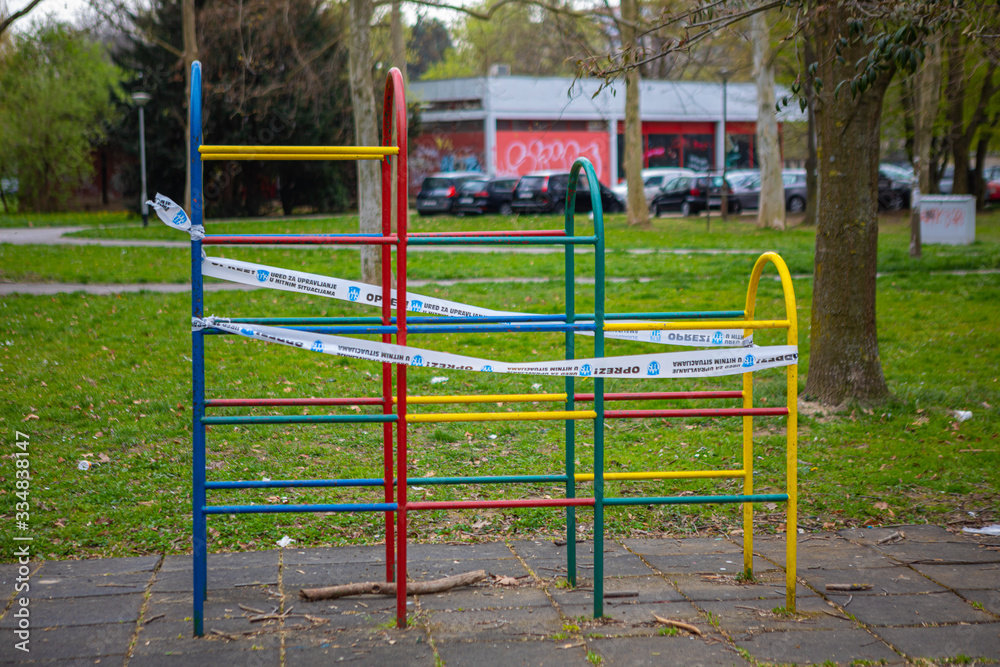 Zagreb, Croatia – March 2020. Playgrounds closed, banned from playing during the Covid-19 pandemic virus, corona virus Zagreb, Croatia – March 2020. Playgrounds closed, banned from playing during the Covid-19 pandemic virus, corona virus