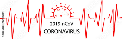 Strong, infectious coronavirus from China type of 2019-nCoV. Heart pulse line. Heartbeat  cardiogram. Pandemic medical health risk, virology, epidemiology. Vector illustration.