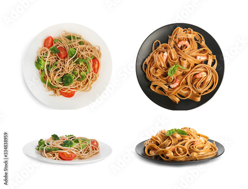 Set of buckwheat noodles with different ingredients on white background