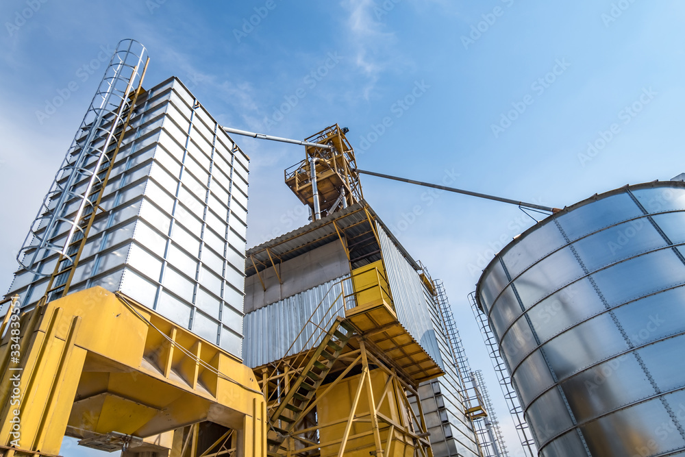 agro-processing and manufacturing plant for processing and silver silos for drying cleaning and storage of agricultural products, flour, cereals and grain. Granary elevator.