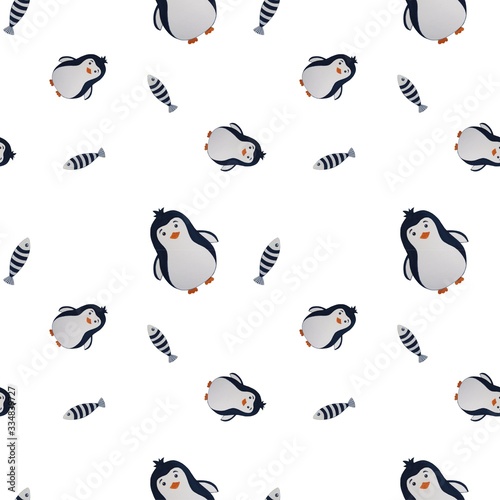 Seamless watercolor cute pattern with penguin and fish on white background