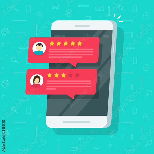 Reviews rating or reputation notices online on mobile phone or smartphone with testimonials feedback vector flat illustration, concept of customer experience on cellular cellphone modern design image