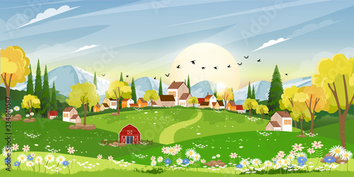 Spring landscape in Sunny day village with meadow on hills with blue sky, Panoramic countryside of green field with farmhouse, barn and grass flowers,Vector Summer or Spring nature background