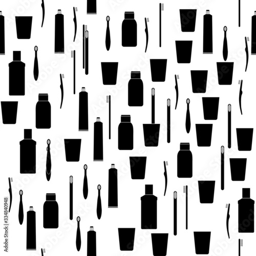 Oral hygiene icons. Dental cleaning kit. Vector seamless pattern. Manual toothbrush, toothpaste, toothbrush for baby. Isolated on white background.