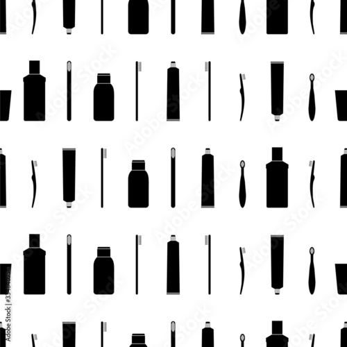 Oral hygiene icons. Dental cleaning kit. Vector seamless pattern. Manual toothbrush, toothpaste, toothbrush for baby. Isolated on white background.
