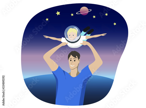 Vector illustration. Dad plays with his son. Flight in space. Imagination, a child's dream. Parents and children.