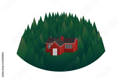 Red cabin in green woods, modern hand drawn vector in flat style. Travel and wanderlust, exploring Norway. Wooden cottage among trees isolated on white. Retreat.
