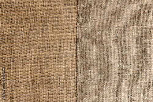 The texture of two canvases of coarse burlap, connecting in the middle.