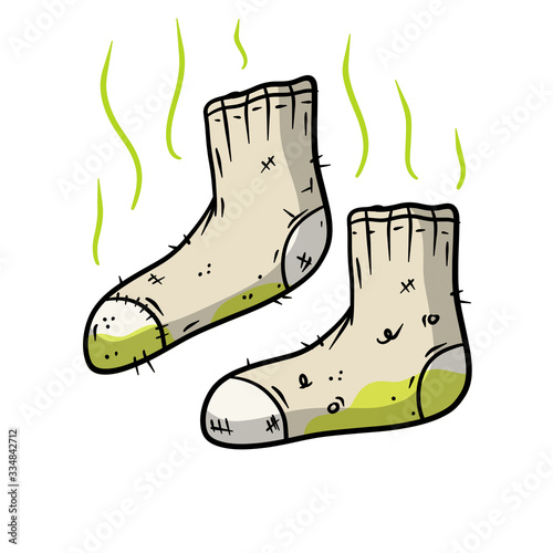 Dirty sock. The bad stench. Sloppy clothes. Stinky toe. Grey Object for washing. Cartoon flat illustration. Green wave. Smelly feet