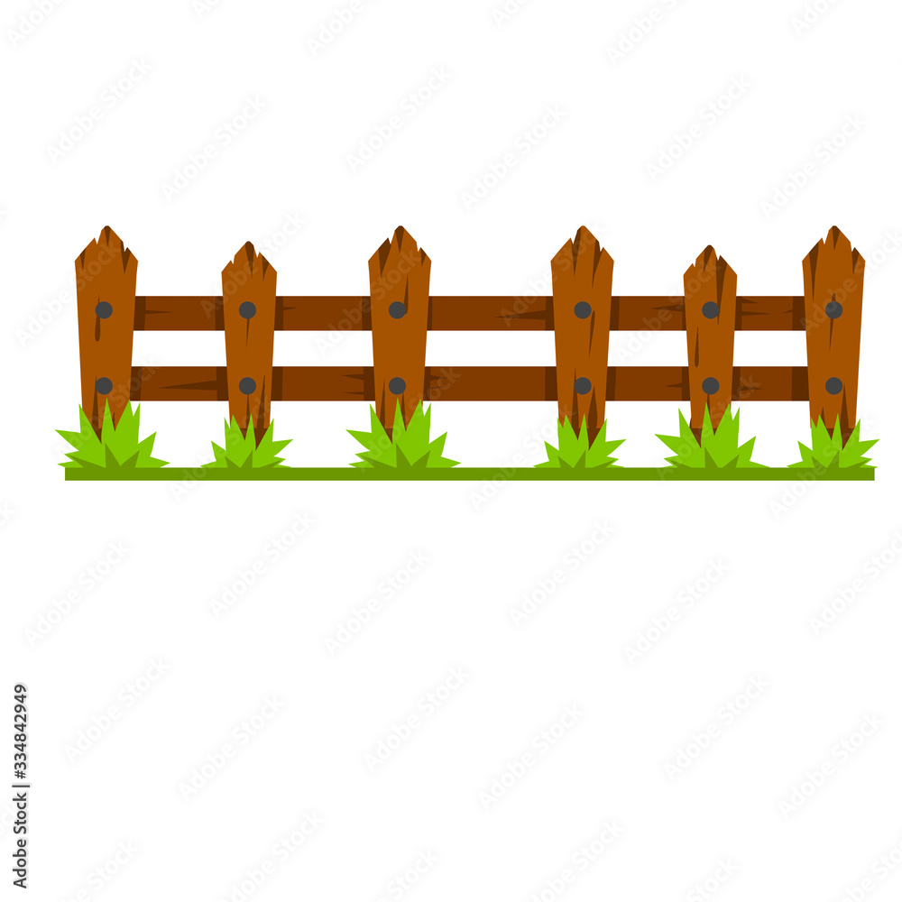 Wooden fence. Rustic wall of planks and logs. Element of village and countryside. Summer background. Cartoon flat illustration. Rural Barrier with green grass Wooden fence. Rustic wall of planks and logs. Element of village and countryside. Summer background. Cartoon flat illustration. Rural Barrier with green grass