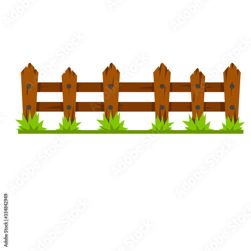 Wooden fence. Rustic wall of planks and logs. Element of village and countryside. Summer background. Cartoon flat illustration. Rural Barrier with green grass
