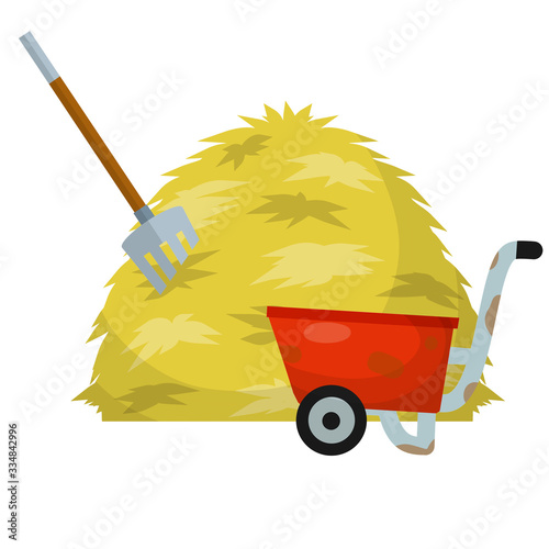 Tool for harvesting. Rural landscape. Haystack and red wheelbarrow, pitchfork. Organic food. Sheaf of wheat. Cartoon flat illustration