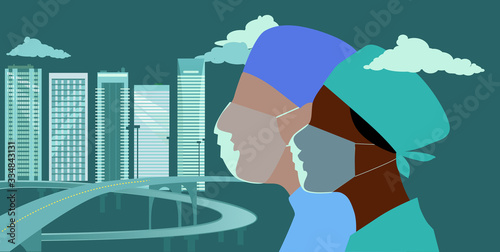 Profile of healthcare workers in face masks on a city landscape background, EPS 8 vector illustration	