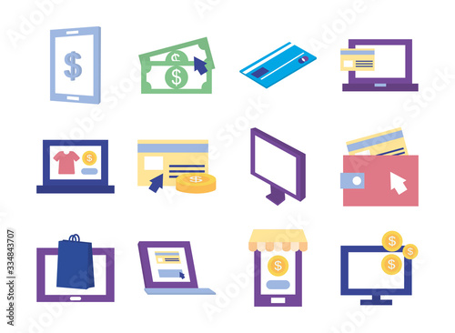 computers and payments online icon set, flat style