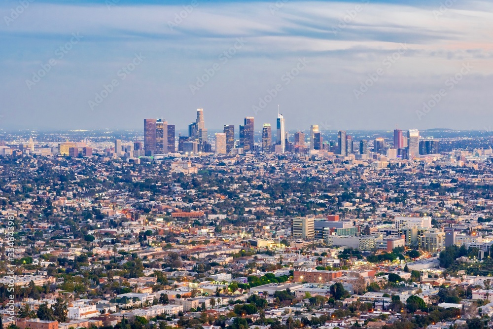 panoramic view of the city of Los Angeles illuminated at night in California