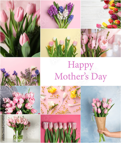 Collage with photos of beautiful flowers and text Happy Mother's Day