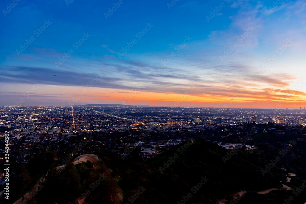 panoramic view of the city of Los Angeles illuminated at night in California