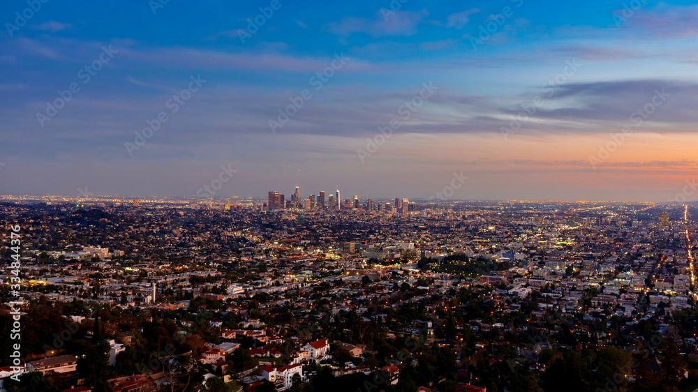 panoramic view of the city of Los Angeles illuminated at night in California