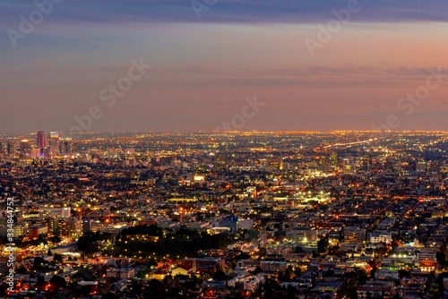 panoramic view of the city of Los Angeles illuminated at night in California