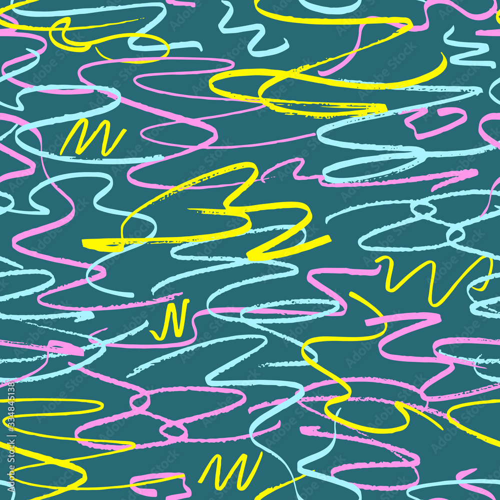 Seamless pattern vector stroke markers. Abstract colorful spot on a dark background. Hand drawn random lines with paper texture
