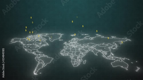 Animation of rising dollar signs above the world map. Worldwide donation of money. The global money cycle. World economy. Financial crisis. Financial losses due to the coronavirus outbreak