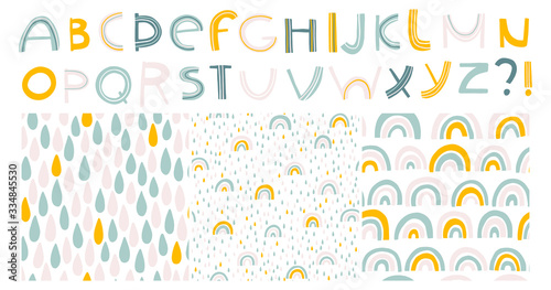 Rainbow and drops. Alphabet and seamless patterns. Scandinavian child vector hand drawn illustration in pastel colors. Isolated set for printing on t-shirts, textiles, cards