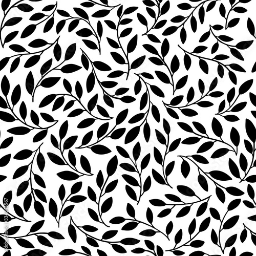 Silhouettes of identical leaves seamless pattern. Vector hand drawn illustration in simple scandinavian doodle cartoon style. Isolated black branches on a white background