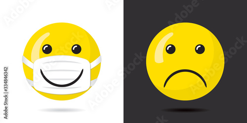 Happy Smiling Face Protected with Mask Having Wide Smile over It and Sad Unprotected Face Coronavirus Pandemy Devoted Concept - Yellow on Black and White Background - Mixed Graphic Design