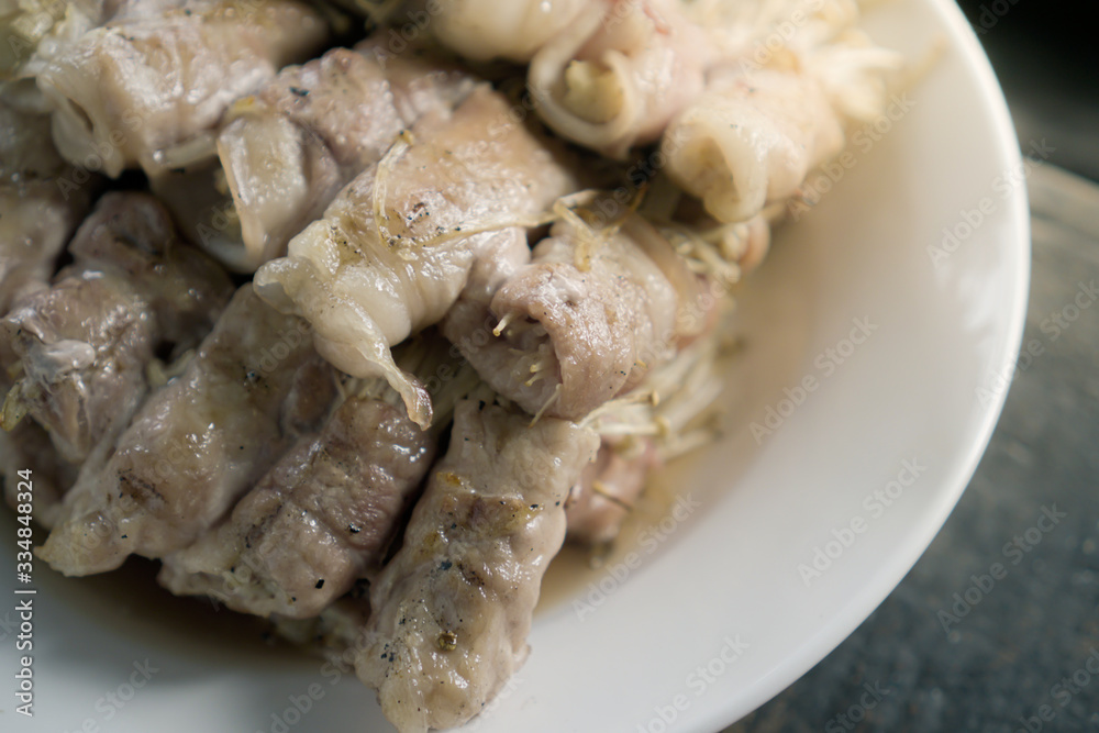 Special barbeque with pork and mushroom on a white dish. easy cooking. homemade. Special barbeque with pork and mushroom on a white dish. easy cooking. homemade.