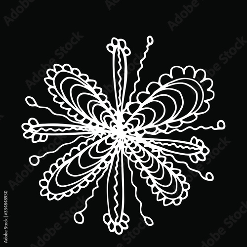 Vector illustration.Close-up hand-drawn plant, abstract flower on isolated black background.