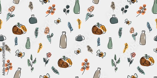 Seamless vector pattern with branches, leaves, flowers, bottles, vases and pumpkins. Design for fabric, wrapping paper and advertizing