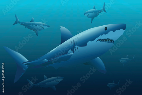 Illustration of great white sharks below the surface of the sea, an ocean lit by the sun rays