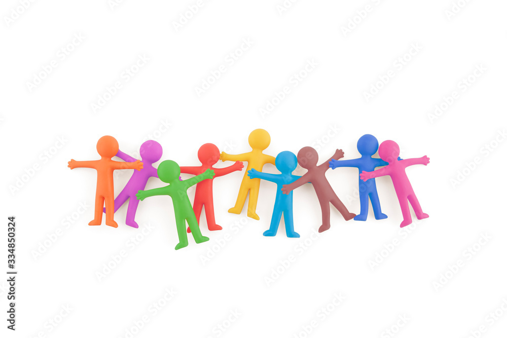 Group of colorful people figures sticking together on white background with clipping path