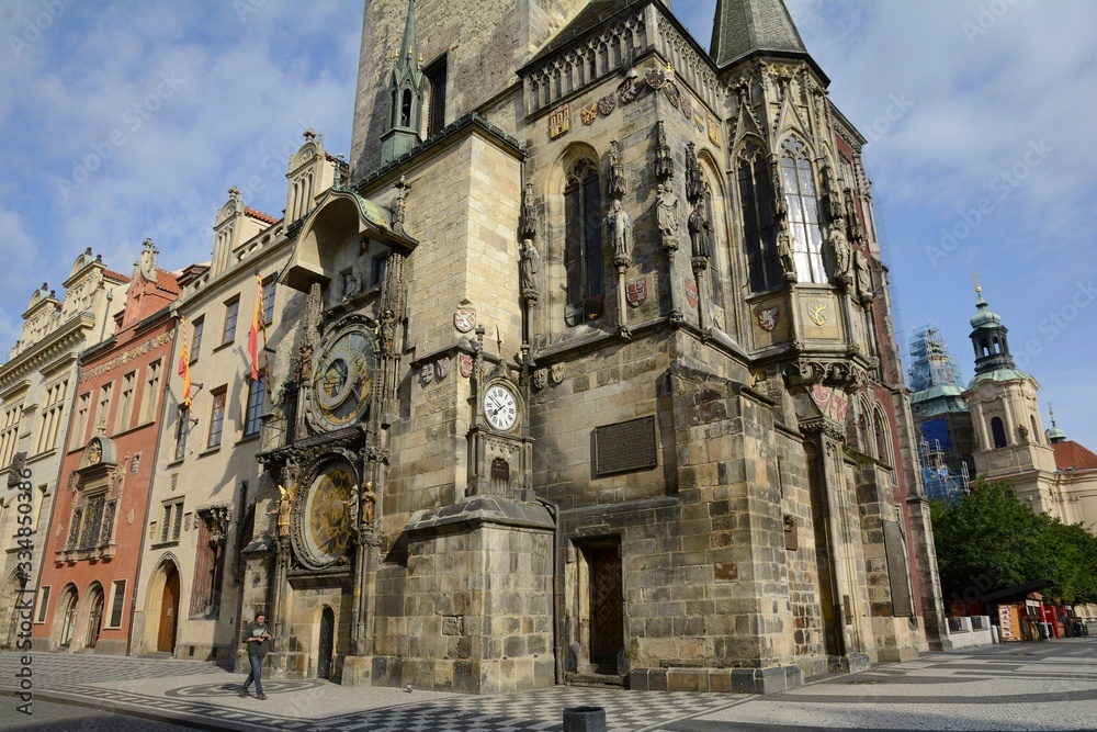 Obraz premium Prague chimes. The eagle consists of three main components located vertically on the tower. In the center of the astronomical dial, shows the time of sunrise and sunset, phase of the moon.