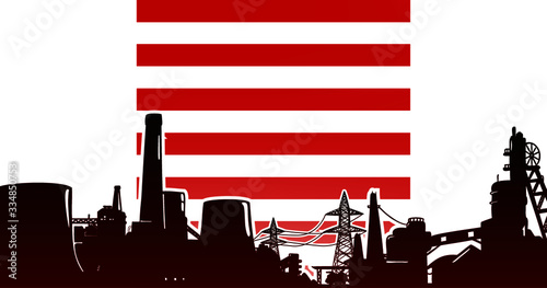 Heavy industry of USA vector illustration colored red with electric power plant, factory and mining facility on the flag background with colors blue, red, white