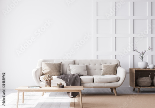 Interior design mock of luxury living room with elegant beige sofa, wood coffee table, and wooden rattan stylish accessories. wall paneling. Modern home decor. Template