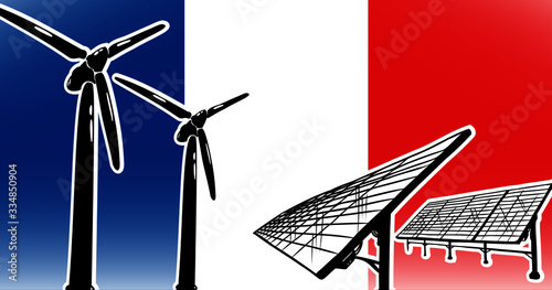 Renewable energy vector concept for France wind generators and solar power station on flag background, flag colors blue, red, white