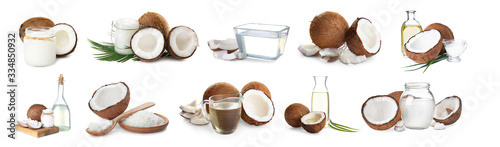 Set of coconuts and organic cooking oil on white background. Banner design