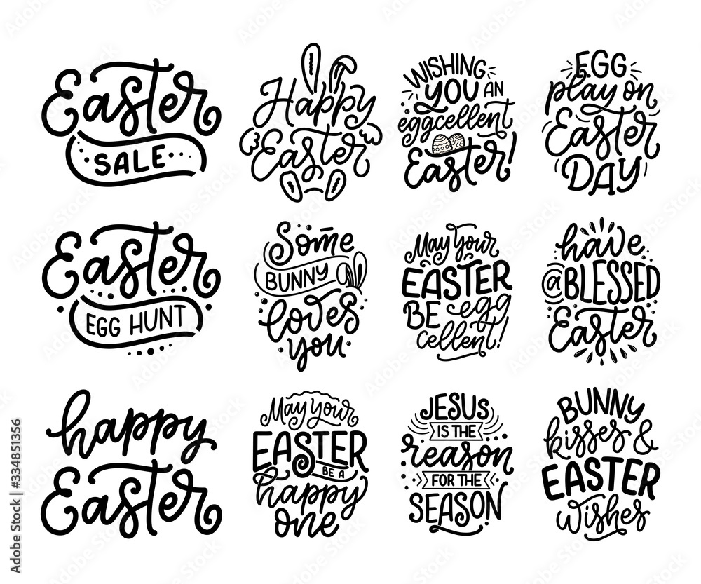 Set with calligraphy lettering slogans about Easter for flyer and print design. Template banner, poster, greeting postcard. Vector
