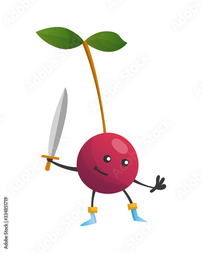 Cartoon superhero chery. Fruit with sword. Cute childish cartoon character. Funny cartoon fruit in superhero costume. Logo concept of healthy diet. Vector illustration